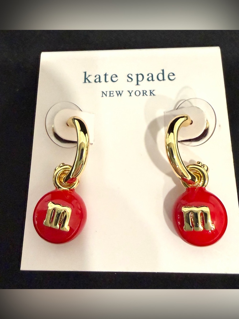 4TH SPECIAL kate spade Gold Hoop Earrings with Red M&M Charms New